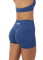 Blue athletic shorts with a brand logo on a white background